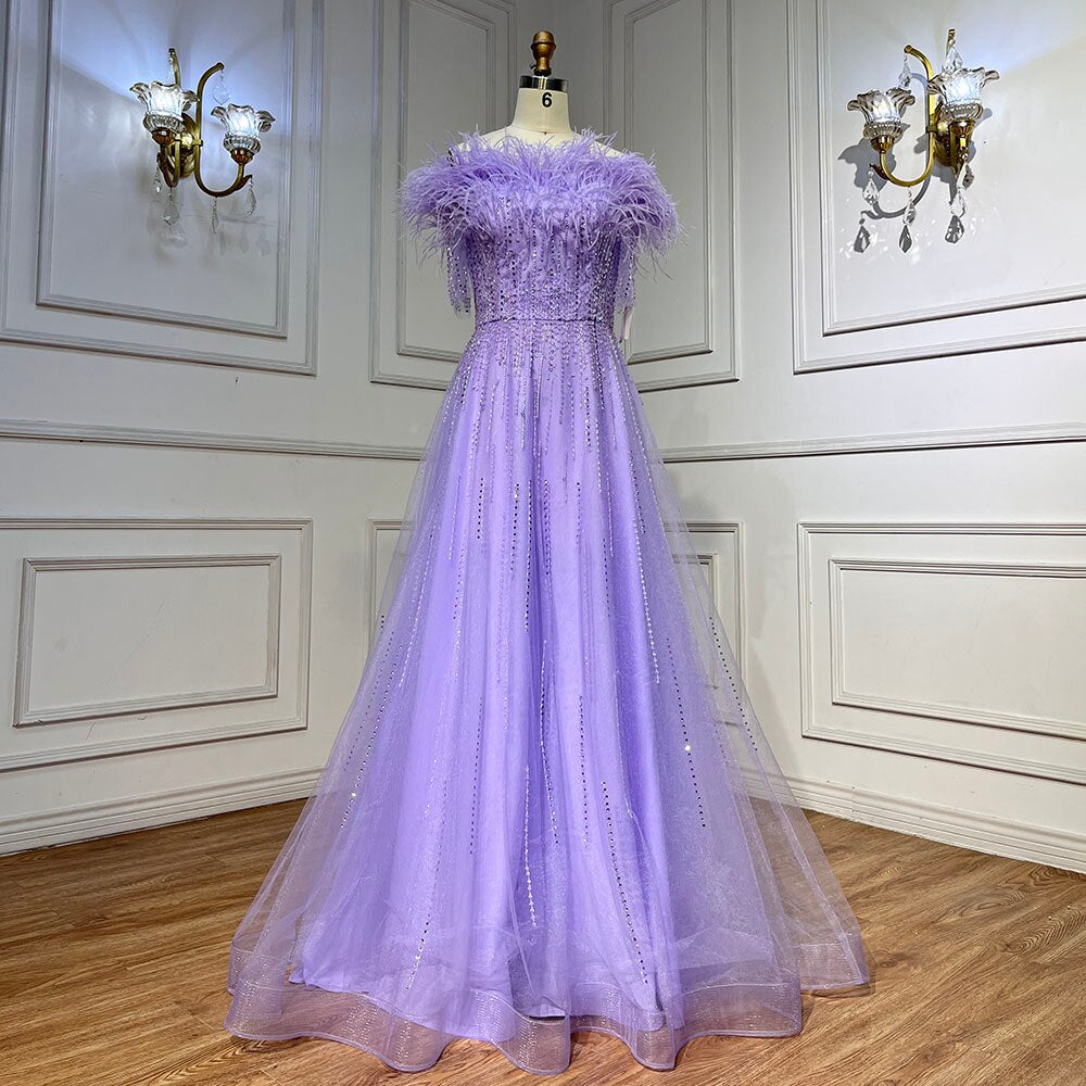 Serene Hill Blue Boat Neck Luxury Evening Dresses Gowns 2025 Short Sleeves Beaded Feather A-Line For Women Party LA71524 - SERENE HILL