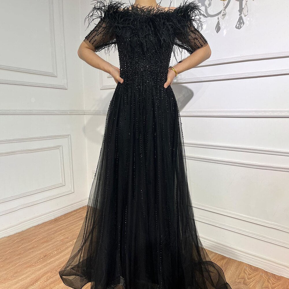 Serene Hill Blue Boat Neck Luxury Evening Dresses Gowns 2025 Short Sleeves Beaded Feather A-Line For Women Party LA71524 - SERENE HILL
