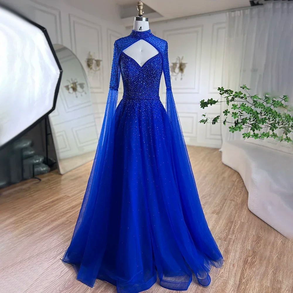 Serene Hill Arabic Blue Cape Sleeves A Line Beaded Luxury Dubai Evening Dresses Wedding Party Gowns For Women 2025 LA72191 - SERENE HILL