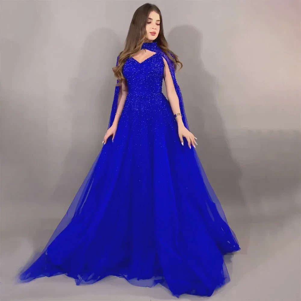 Serene Hill Arabic Blue Cape Sleeves A Line Beaded Luxury Dubai Evening Dresses Wedding Party Gowns For Women 2025 LA72191 - SERENE HILL
