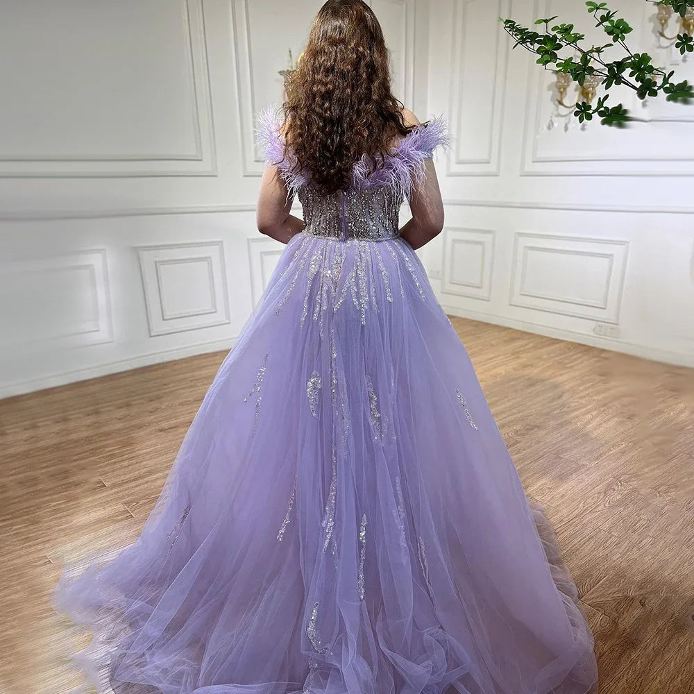 Blue Diamond Feather Mermaid Evening Dress With Overskirt LA72061 - SERENE HILL