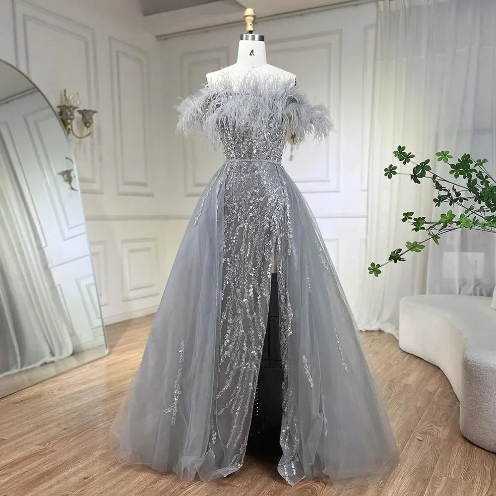 Blue Diamond Feather Mermaid Evening Dress With Overskirt LA72061 - SERENE HILL