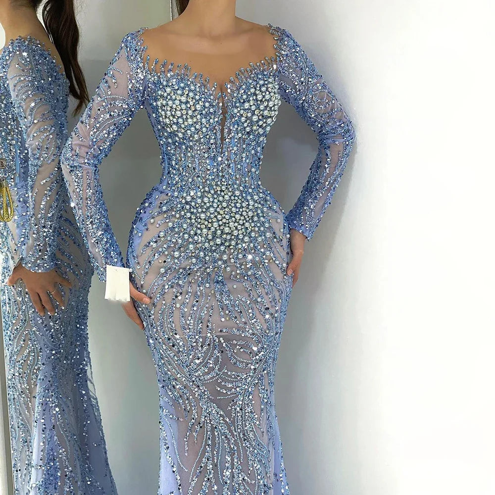Serene Hill Blue Elegant Mermaid Dubai Arabia Luxury Beaded Pearls Evening Dresses Gowns 2025 For Women Wedding Party LA72264 - SERENE HILL