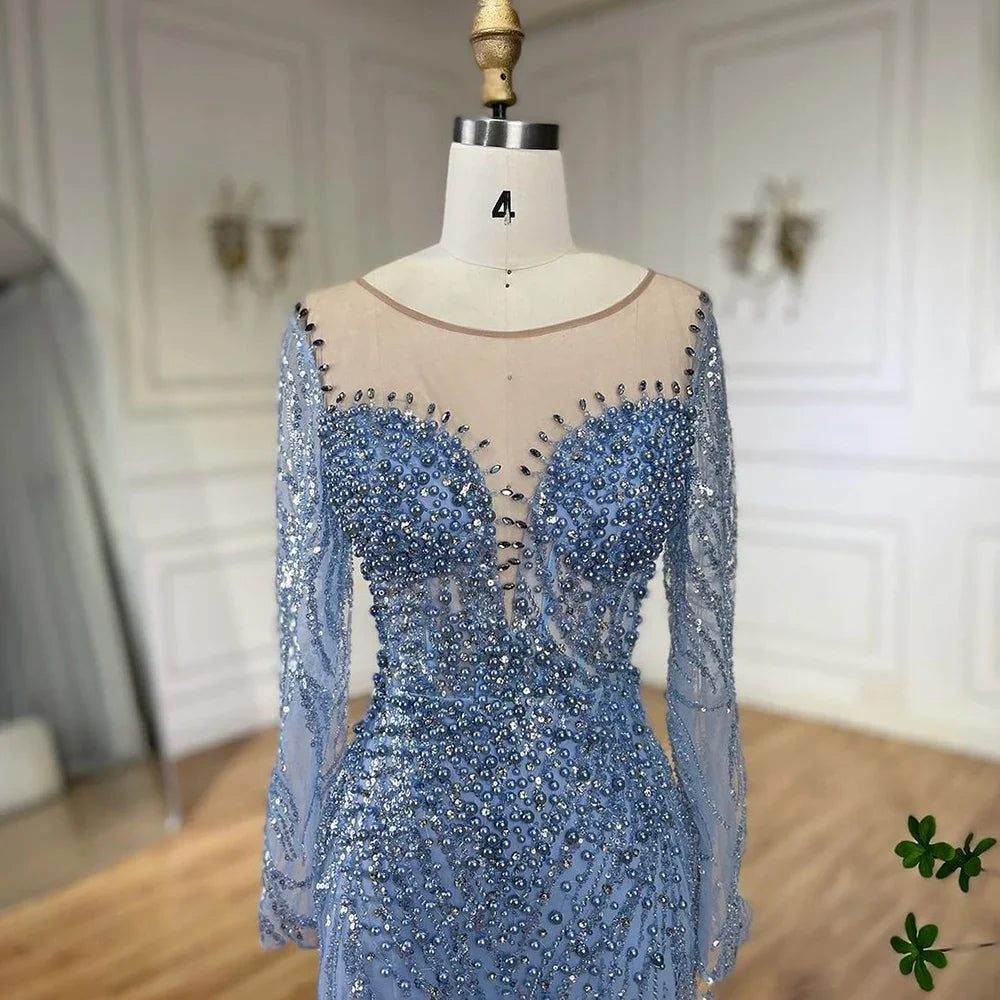 Serene Hill Blue Elegant Mermaid Dubai Arabia Luxury Beaded Pearls Evening Dresses Gowns 2025 For Women Wedding Party LA72264 - SERENE HILL