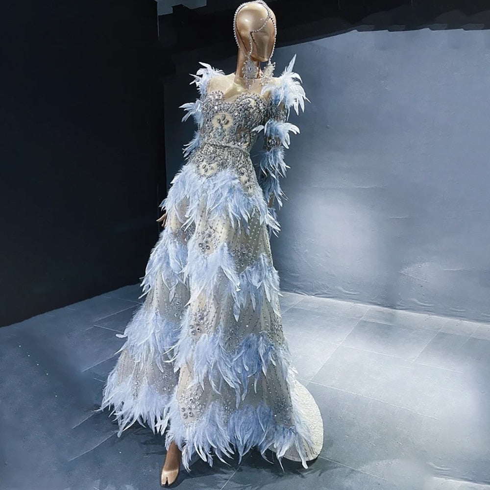 Serene Hill Blue Feathers Luxury Beaded A Line Long Sleeves Elegant Evening Dress 2025 For Women Formal Party Gown LA71816 - SERENE HILL