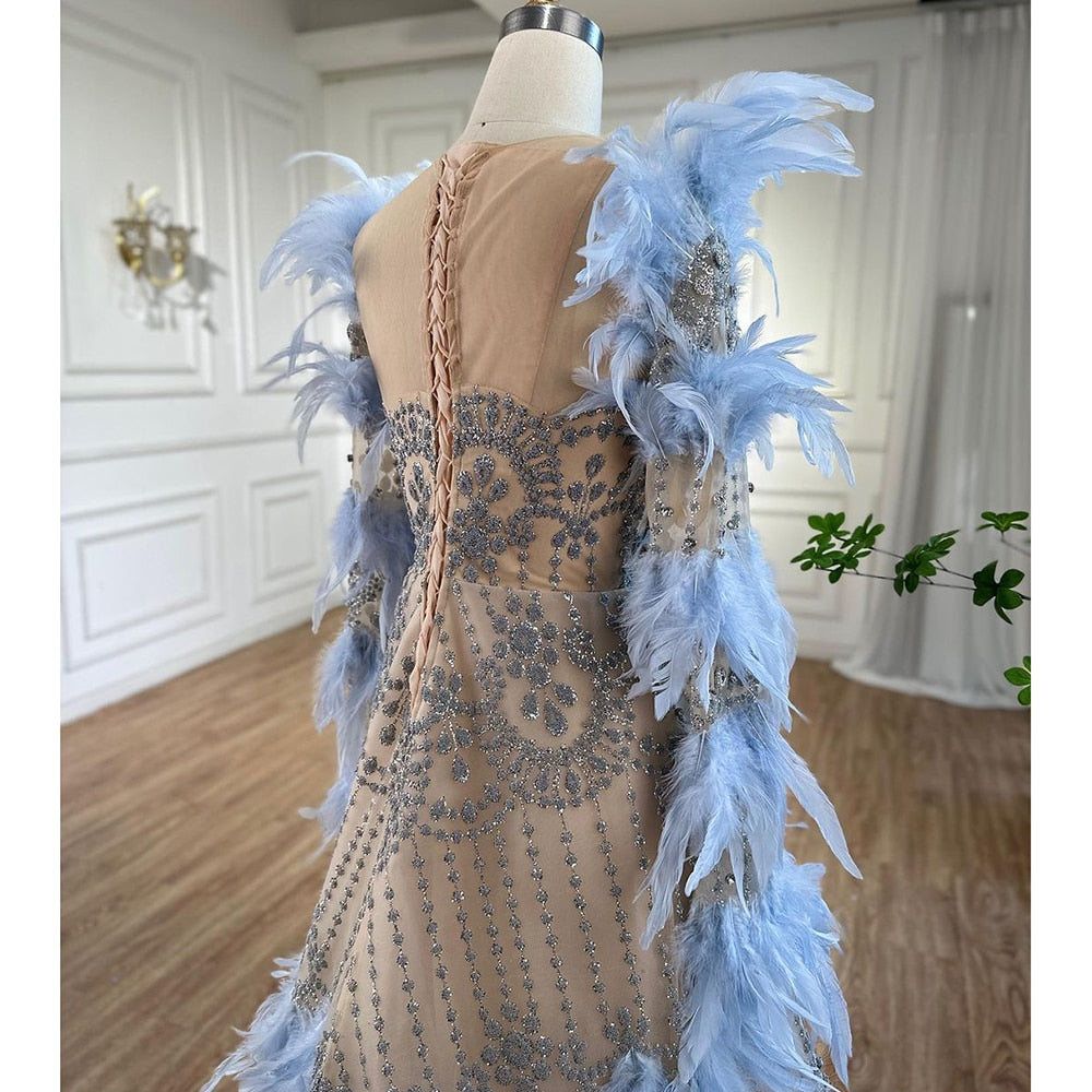 Serene Hill Blue Feathers Luxury Beaded A Line Long Sleeves Elegant Evening Dress 2025 For Women Formal Party Gown LA71816 - SERENE HILL