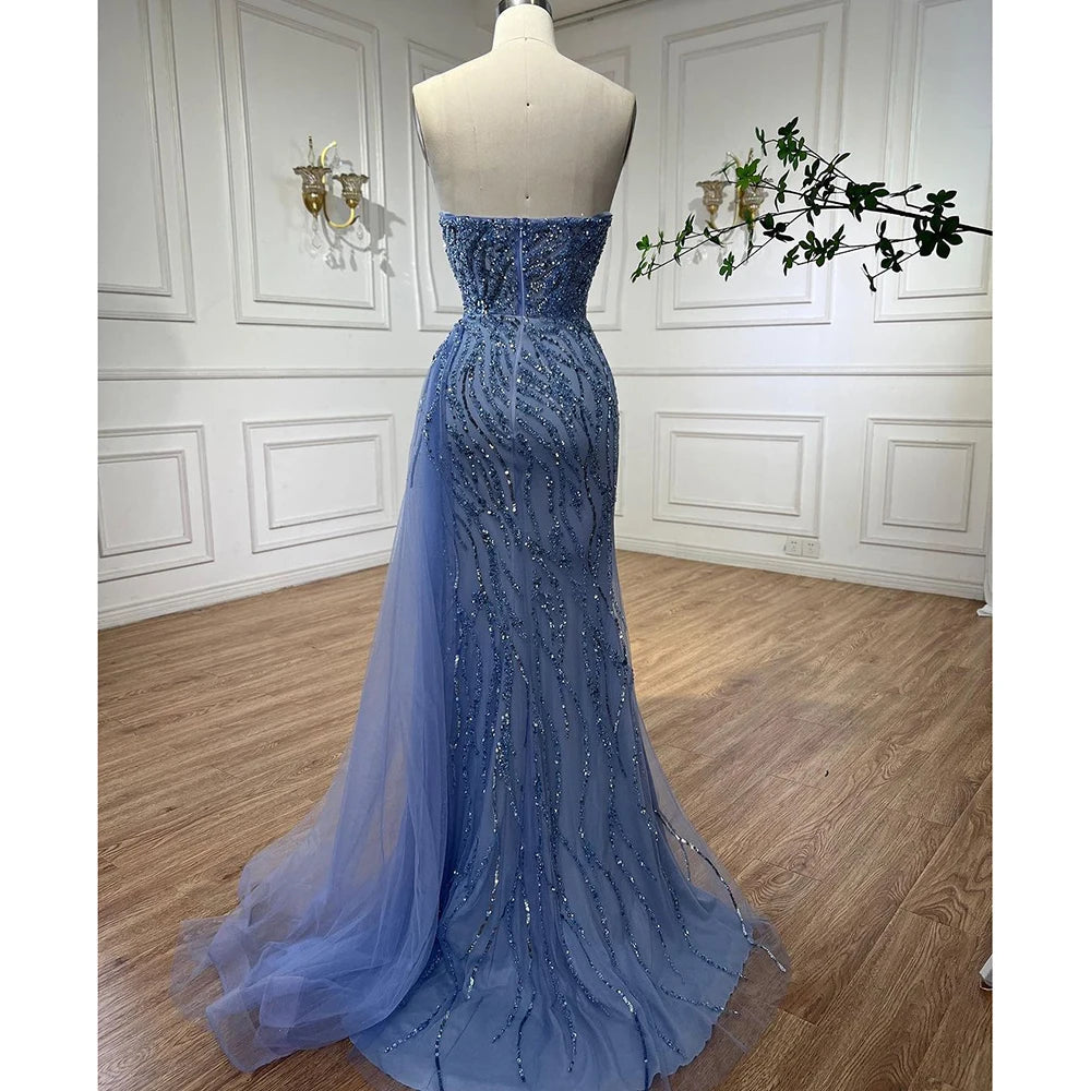 Serene Hill Blue High Split With Skirt Mermaid Beaded Evening Dresses Gowns For Women Party 2025 LA71795 - SERENE HILL