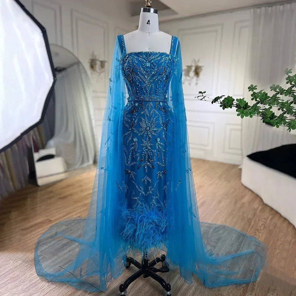 Blue Mermaid Ankle Length Feather Beaded Evening Dress Gown with Cape LA71841A - SERENE HILL