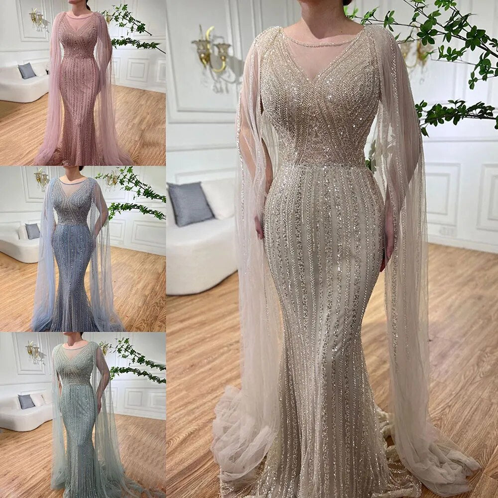 Serene Hill Blue Mermaid Elegant Cape Sleeves Beaded Arabic Long Evening Dresses Gowns For Women Wedding Party 2025 LA72173 - SERENE HILL