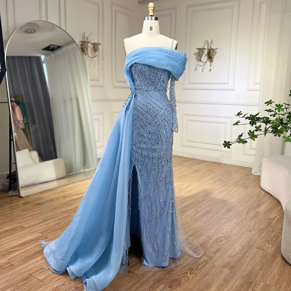 Serene Hill Blue Mermaid Elegant One Shoulder Evening Dresses Gowns Luxury Pearls Beaded For Women Wedding Party 2025 LA72244 - SERENE HILL