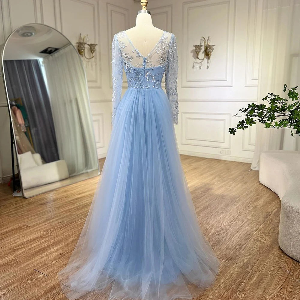 Serene Hill Blue Mermaid Elegant With Train Beaded Luxury Arabic Evening Dresses Gowns For Women Wedding Party 2025 LA71851 - SERENE HILL