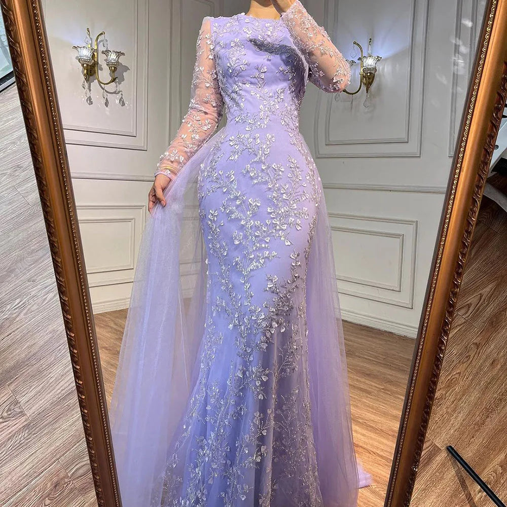 Serene Hill Blue Mermaid Elegant With Train Beaded Luxury Arabic Evening Dresses Gowns For Women Wedding Party 2025 LA71851 - SERENE HILL