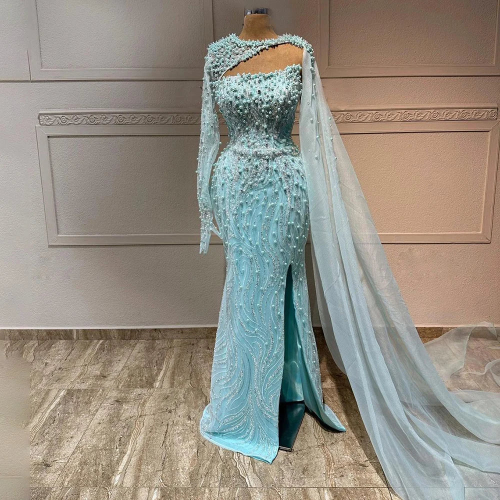Luxury Kosovo Blue Mermaid Pearls Evening Dresses With Cape For Wedding Guest LA72268 - SERENE HILL