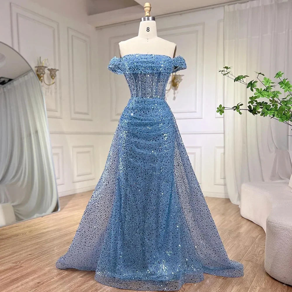 Serene Hill Blue Mermaid Off The Shoulder With Overskirt Beaded Sequined Evening Dresses Gowns For Women Party 2025 LA72204 - SERENE HILL