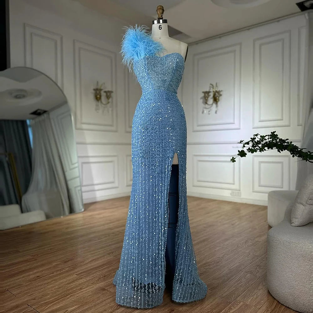 Luxury Dubai Blue Mermaid One Shoulder Beaded Evening Gown High Split and Feathers for Formal Occasion LA72347A - SERENE HILL