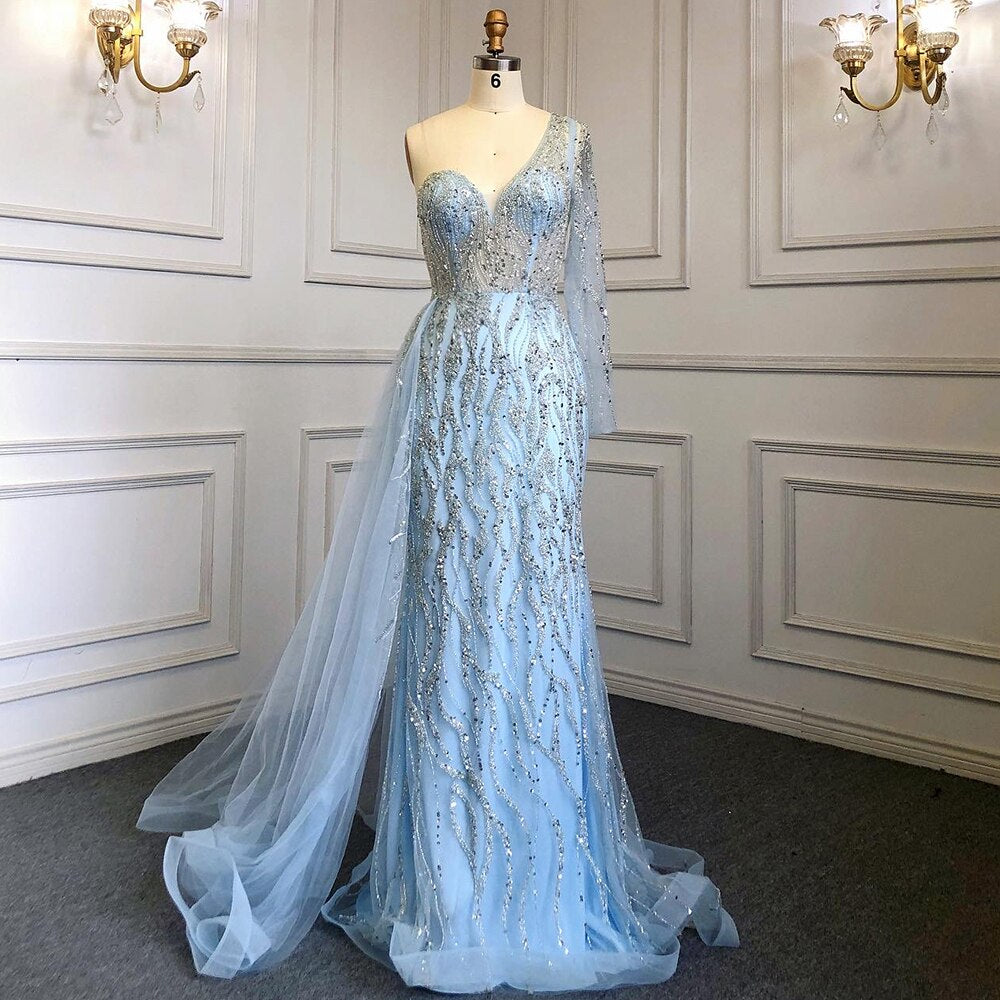 Serene Hill Blue Mermaid Sexy Elegant One Shoulder Evening Dresses Gowns Beaded Luxury 2025 For Women Party LA71629 - SERENE HILL