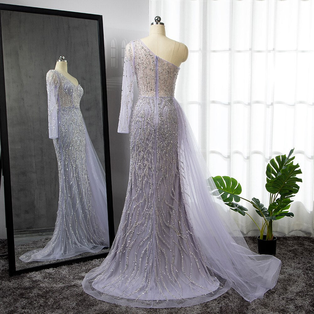 Serene Hill Blue Mermaid Sexy Elegant One Shoulder Evening Dresses Gowns Beaded Luxury 2025 For Women Party LA71629 - SERENE HILL