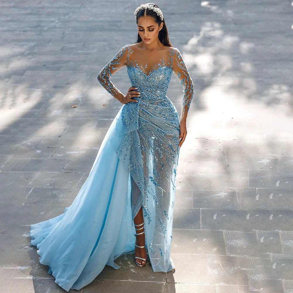 On Sale no return no refundSerene Hill Blue Mermaid Sexy High Split Elegant With Skirt Lace Beaded Evening Dresses Gowns For Women Party LA71781 - SERENE HILL