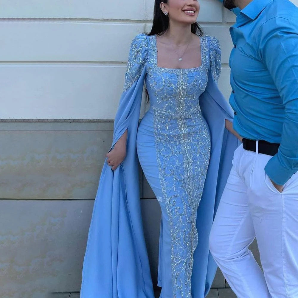 Luxury Blue Mermaid Muslim Evening Dresses with Cape Sleeves LA72050 SERENE HILL Luxury Blue Mermaid Muslim Evening Dresses with Cape Sleeves LA72050 SERENE HILL