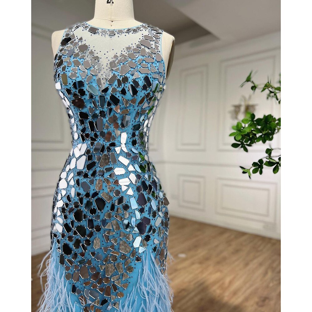 Serene Hill Blue O-neck Tank Sleeveless Feathers Mermaid Evening Dresses Elegant Formal Party Gowns For Women 2025 LA72081 - SERENE HILL