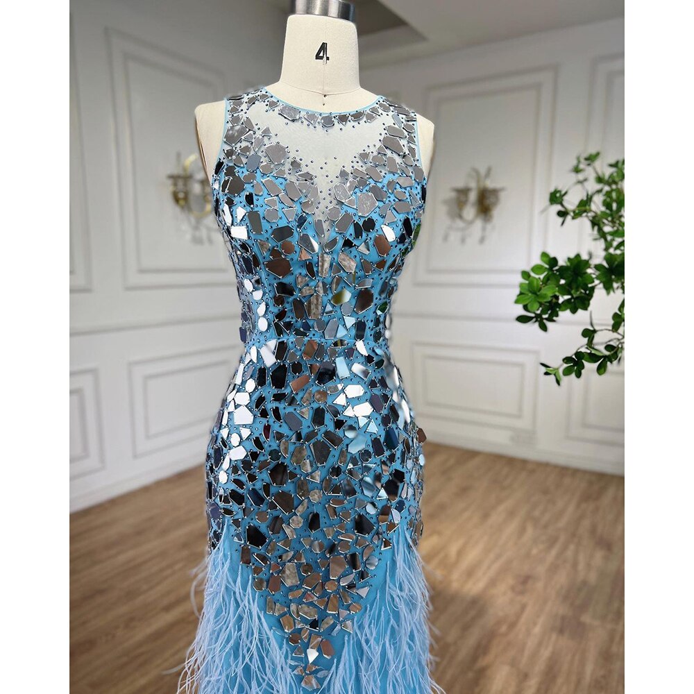 Serene Hill Blue O-neck Tank Sleeveless Feathers Mermaid Evening Dresses Elegant Formal Party Gowns For Women 2025 LA72081 - SERENE HILL