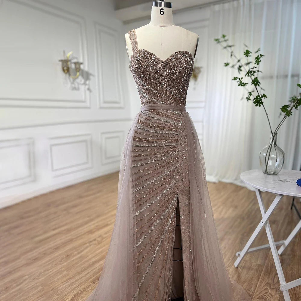 Serene Hill Blue One Shoulder High Split Mermaid Elegant Beaded With Overskirt Evening Dresses Gowns For Women Party LA71825 - SERENE HILL