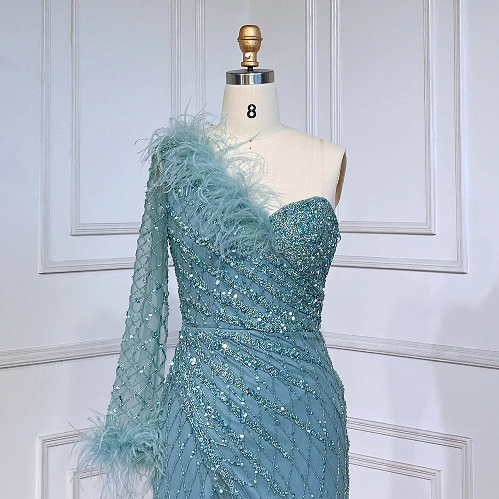 Serene Hill Blue One Shoulder Mermaid Evening Dresses Gowns Beaded Feather Elegant Luxury 2025 For Women Party LA71612 - SERENE HILL