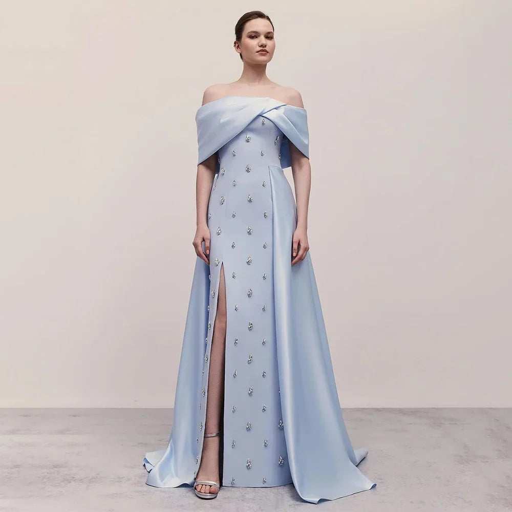 Serene Hill Blue Satin Simple Elegant High Split Mermaid Boat Neck Beaded Evening Dresses Gowns for Women Party 2025 LA72458 - SERENE HILL
