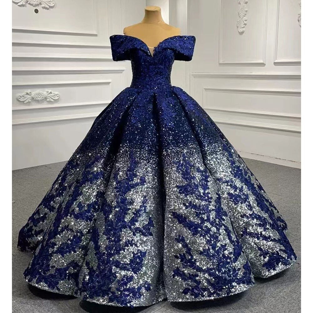 Serene Hill Blue Sexy Off Shoulder Luxury Beaded Sequined Up Bride Gowns Wedding Dress 2025 High End Custom Made HM66536B - SERENE HILL