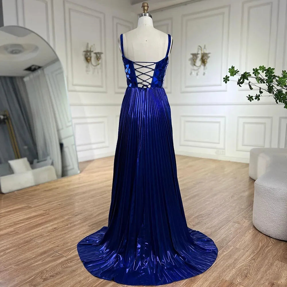 Serene Hill Blue Spaghetti Straps Lace-Up Back Mermaid Beaded Sequined Prom Dress for Women Wedding Party 2025 LA72612 - SERENE HILL