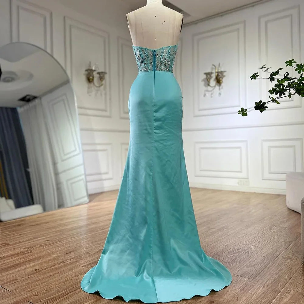Serene Hill Blue Split Mermaid Luxury Beaded Arabic Dubai Evening Dresses Gowns for Women Wedding Party LA72572 - SERENE HILL