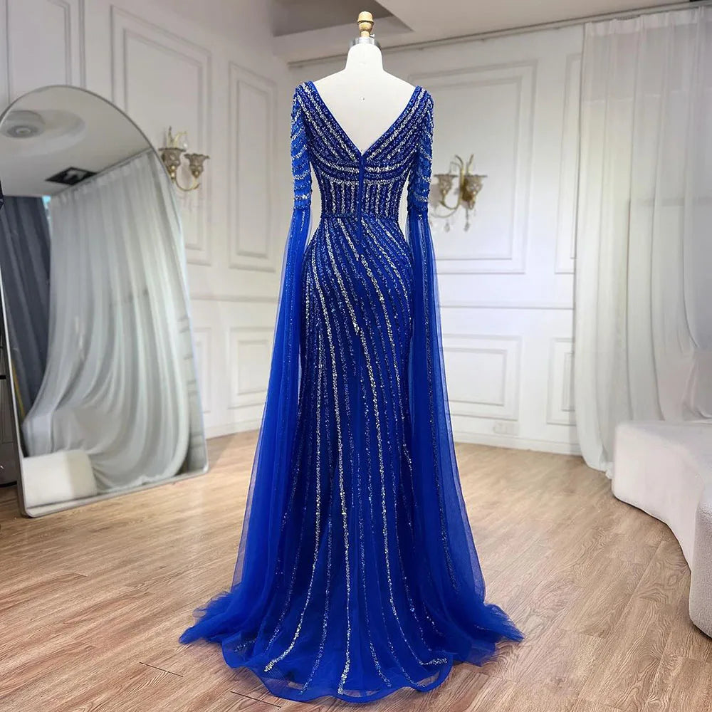 Blue Sweetheart Beaded Long Sleeves Mermaid Evening Gown LA72314 - SERENE HILL
