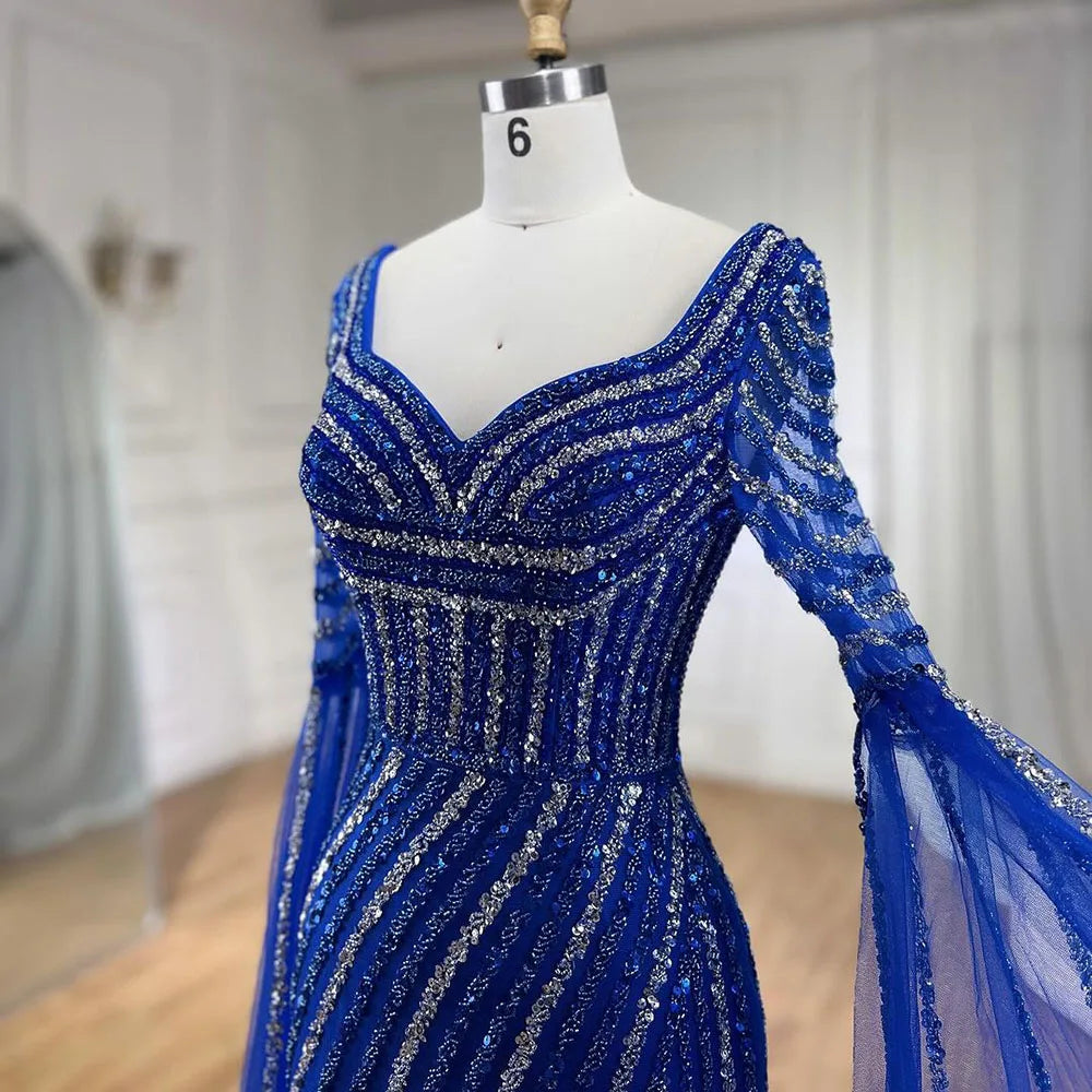 Blue Sweetheart Beaded Long Sleeves Mermaid Evening Gown LA72314 - SERENE HILL