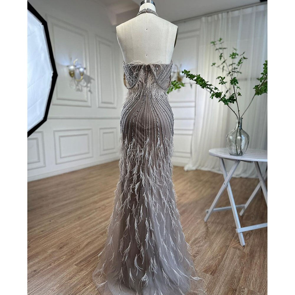On Sale no return no refund Serene Hill Carame Mermaid Sleeveless Sexy High Split Beaded Feathers Evening Dresses Gowns For Women Wedding Party 2025 LA72132 - SERENE HILL