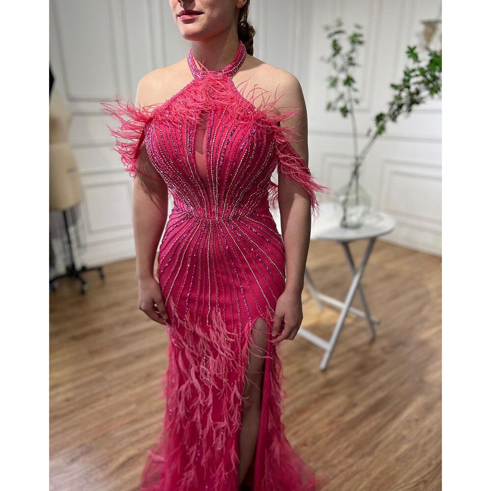 On Sale no return no refund Serene Hill Carame Mermaid Sleeveless Sexy High Split Beaded Feathers Evening Dresses Gowns For Women Wedding Party 2025 LA72132 - SERENE HILL