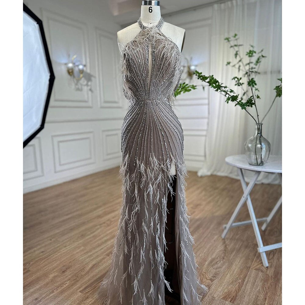On Sale no return no refund Serene Hill Carame Mermaid Sleeveless Sexy High Split Beaded Feathers Evening Dresses Gowns For Women Wedding Party 2025 LA72132 - SERENE HILL