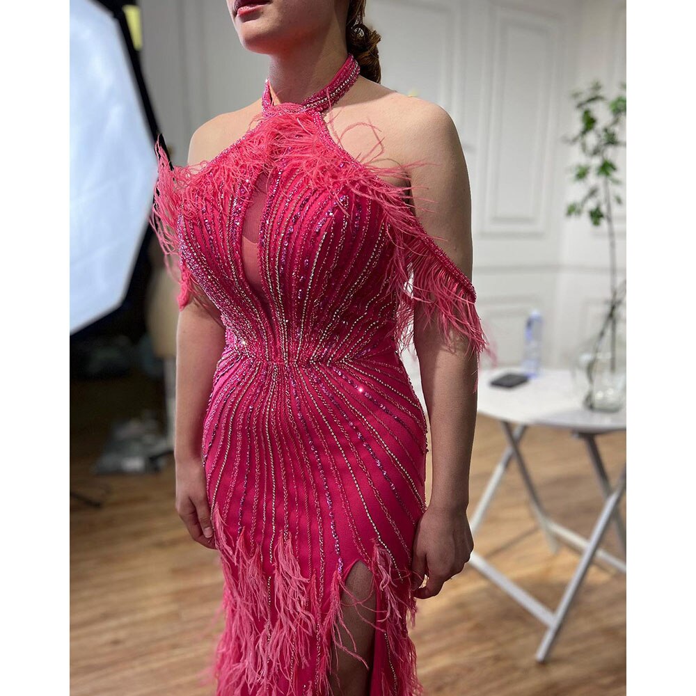 On Sale no return no refund Serene Hill Carame Mermaid Sleeveless Sexy High Split Beaded Feathers Evening Dresses Gowns For Women Wedding Party 2025 LA72132 - SERENE HILL
