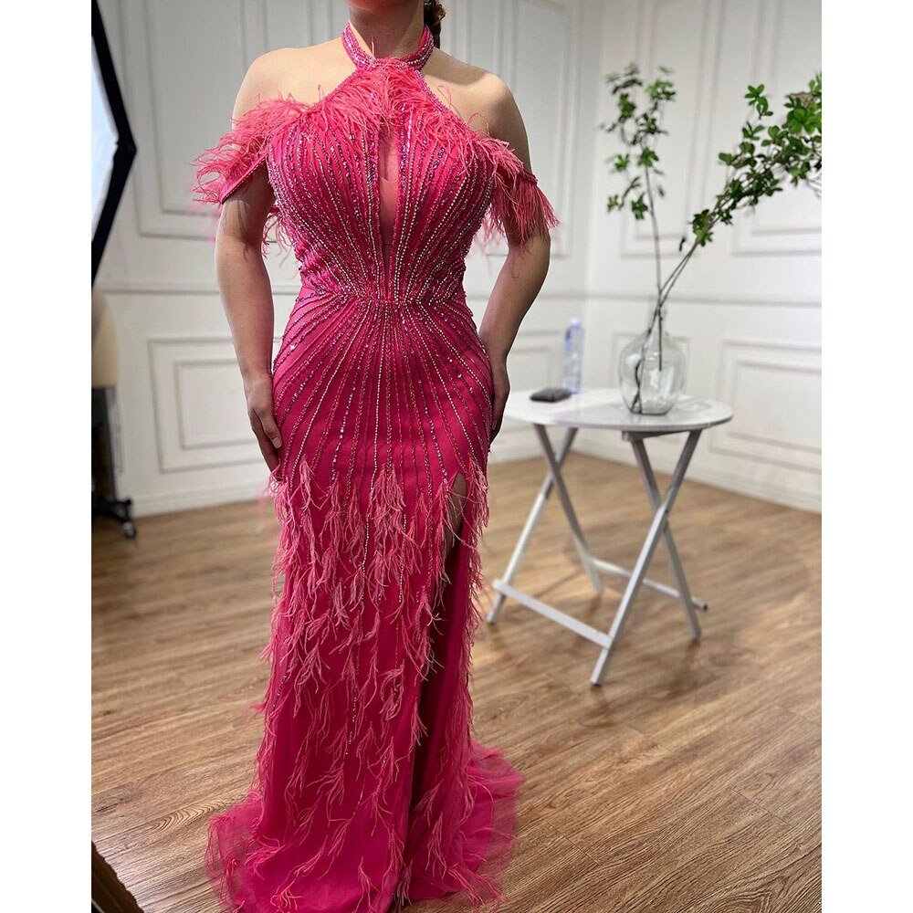 On Sale no return no refund Serene Hill Carame Mermaid Sleeveless Sexy High Split Beaded Feathers Evening Dresses Gowns For Women Wedding Party 2025 LA72132 - SERENE HILL
