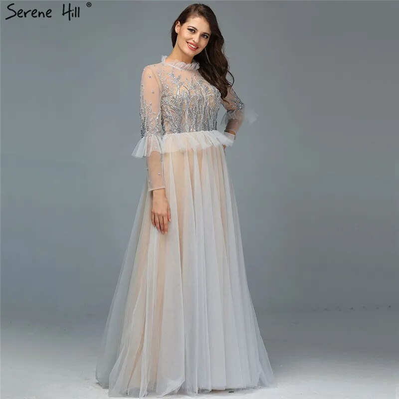 Serene Hill Caramel A Line O Neck Beaded Crystal Evening Dresses Gowns Long Sleeves For Woman Wedding Party 2025 LA70147 - SERENE HILL