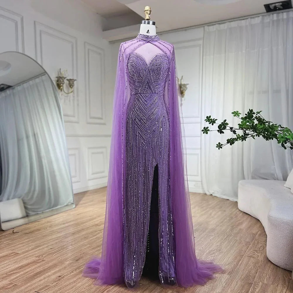 Serene Hill Caramel Cape Sleeves Mermaid High Split Beaded Evening Dresses Long Celebrity Gowns For Woman Party LA72233 - SERENE HILL