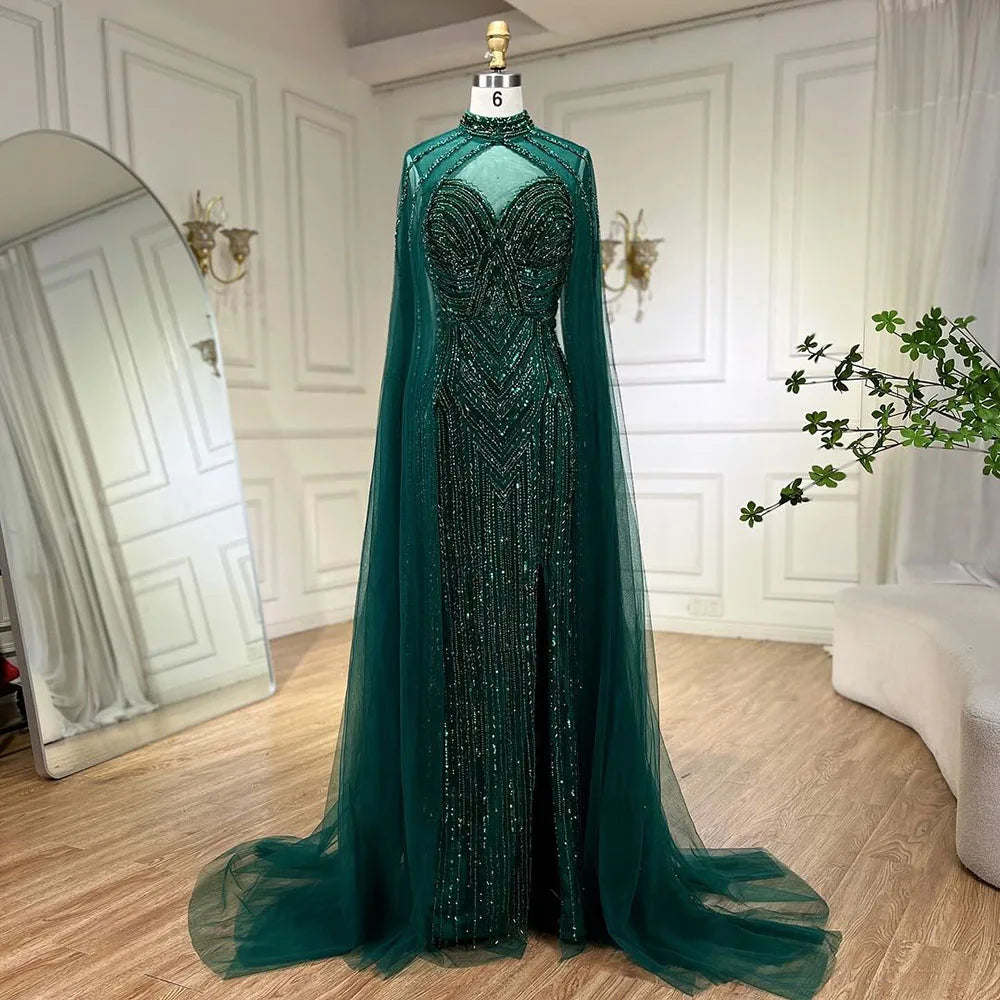 Serene Hill Caramel Cape Sleeves Mermaid High Split Beaded Evening Dresses Long Celebrity Gowns For Woman Party LA72233 - SERENE HILL
