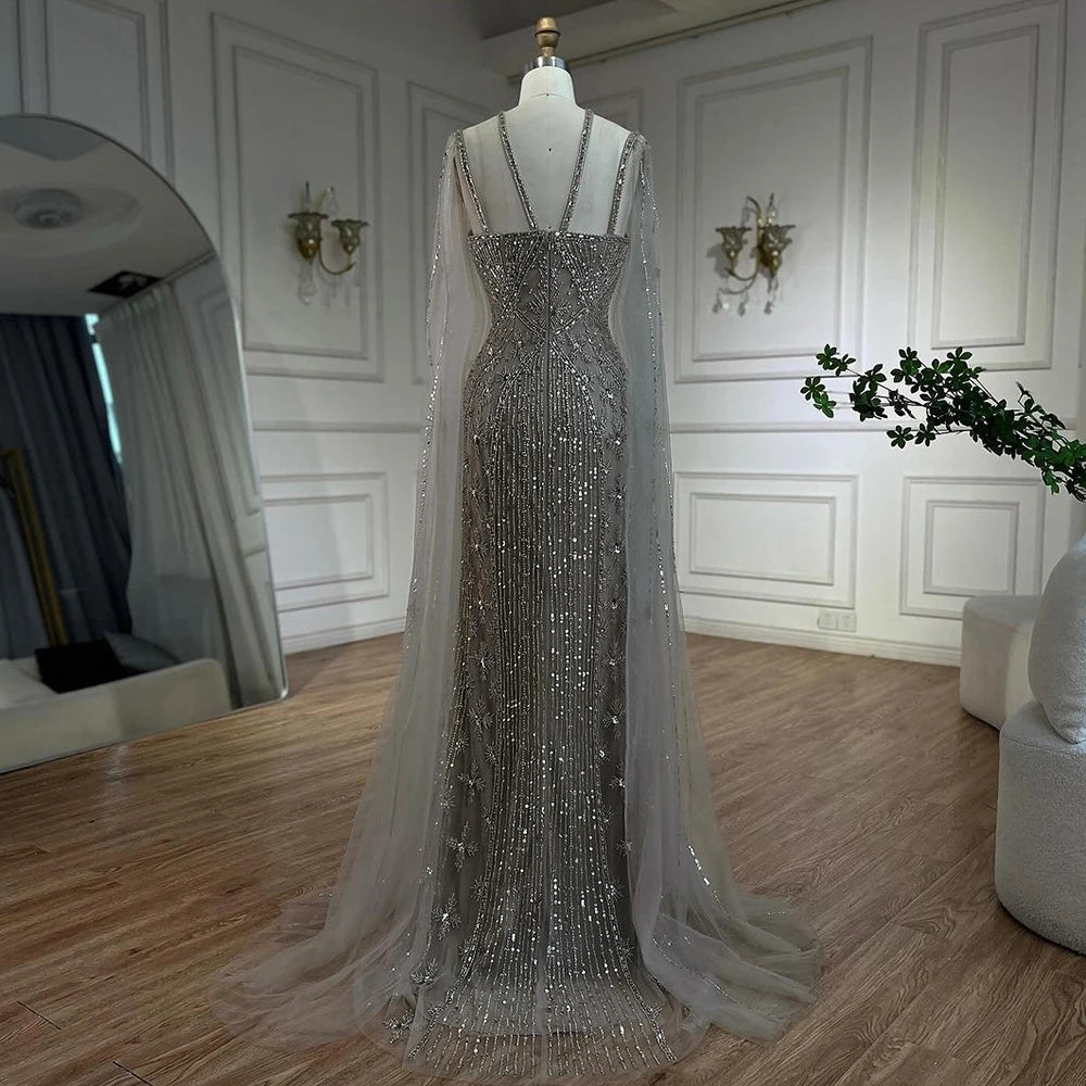 Caramel Cape Sleeves Beaded Mermaid Luxury Dubai Evening Dress LA71905B - SERENE HILL