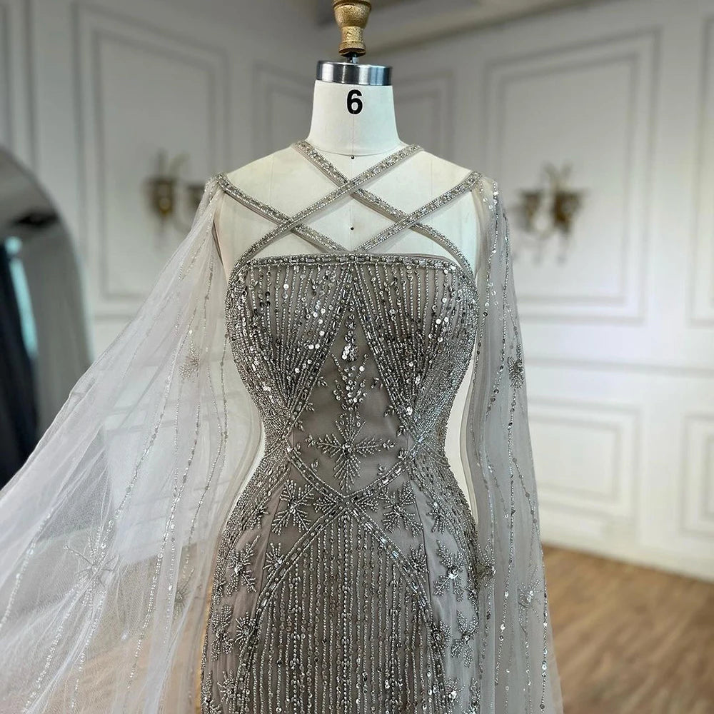Caramel Cape Sleeves Beaded Mermaid Luxury Dubai Evening Dress LA71905B - SERENE HILL