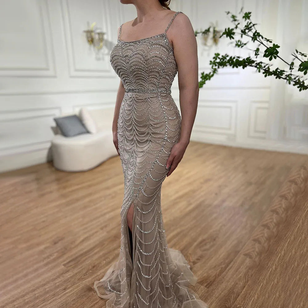 On Sale no return no refund Luxury Dubai Lilac Elegant Spaghetti Strap Split Beaded Formal Luxury Arabic Mermaid Evening Dresses for Formal Occasion LA72109 - SERENE HILL