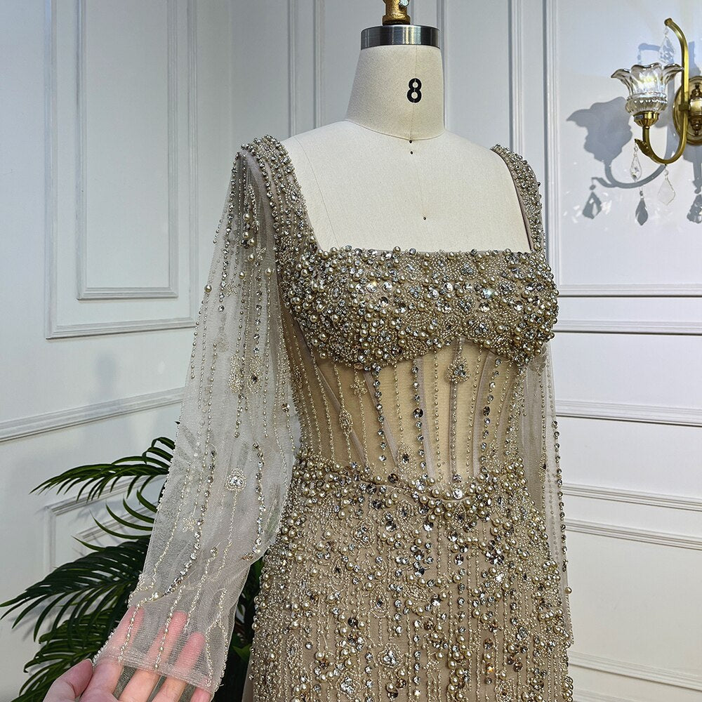 Luxury Caramel Long Sleeves Evening Dress with Overskirt LA72014 - SERENE HILL