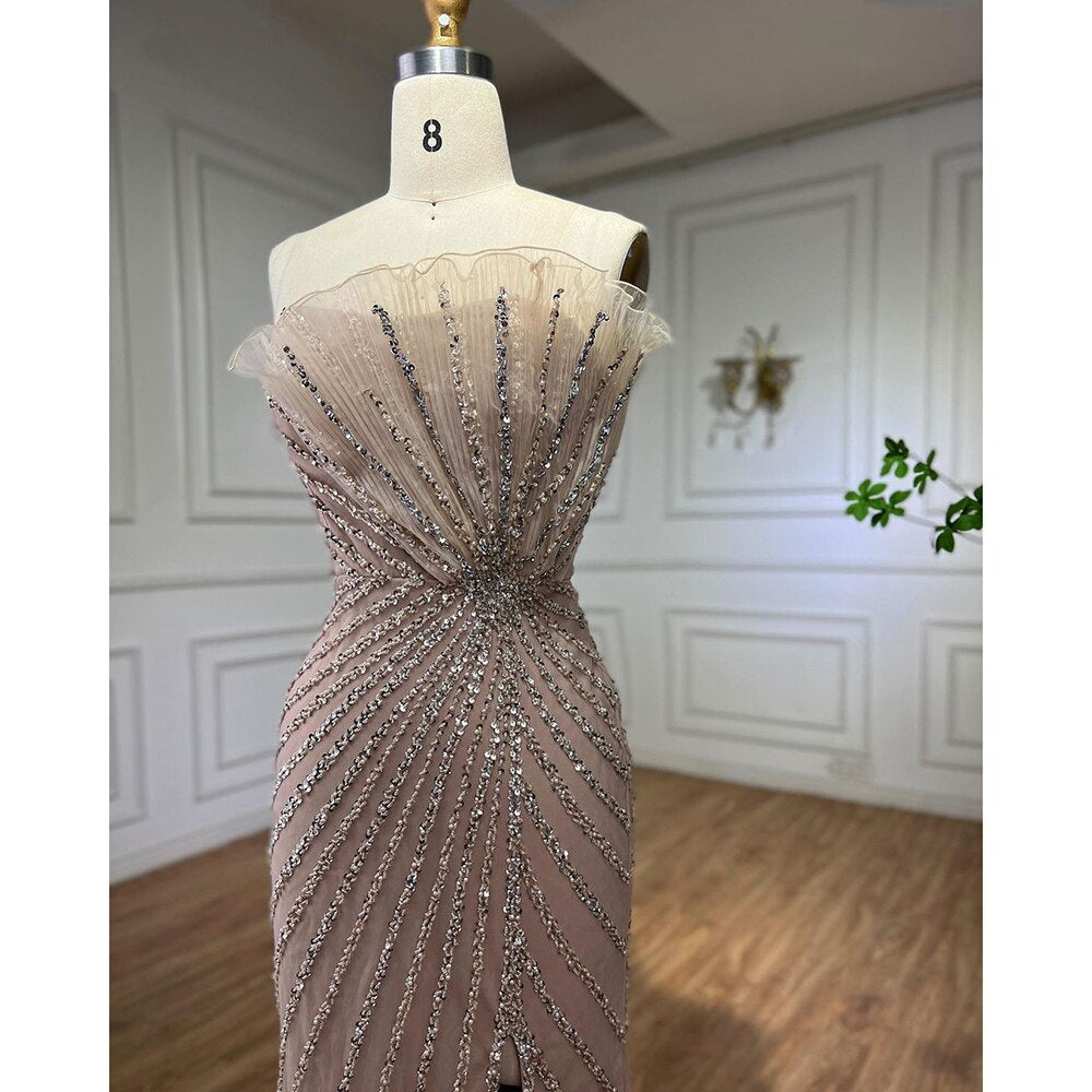 Serene Hill Caramel Sexy High Split Off Shoulder Mermaid Evening Dresses Beaded Gowns 2025 For Women Wedding Party LA72049 - SERENE HILL