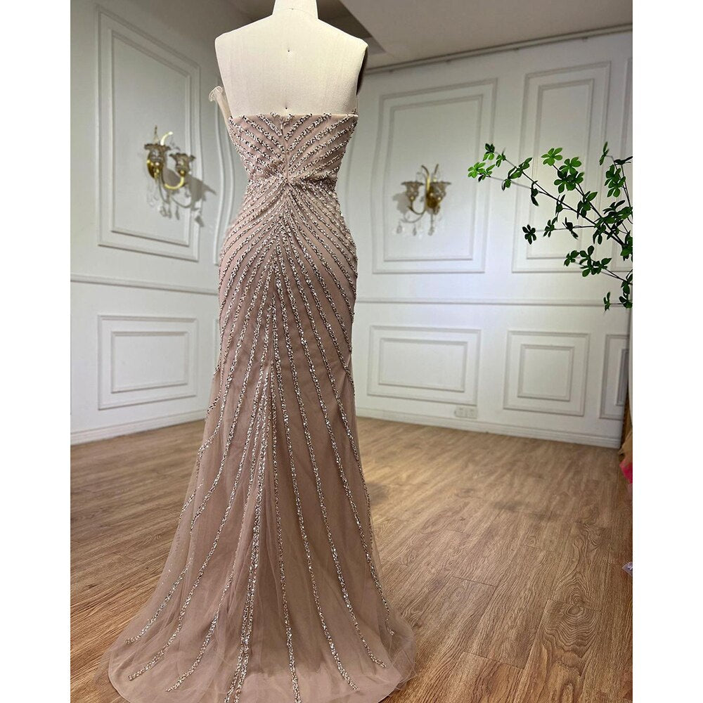 Serene Hill Caramel Sexy High Split Off Shoulder Mermaid Evening Dresses Beaded Gowns 2025 For Women Wedding Party LA72049 - SERENE HILL