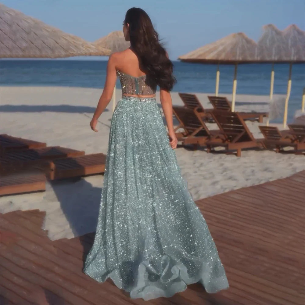 Luxury Dubai Customize Saudi Turquoise Two-Piece Evening Dress with High Split for Formal Occasion LA72786 - SERENE HILL