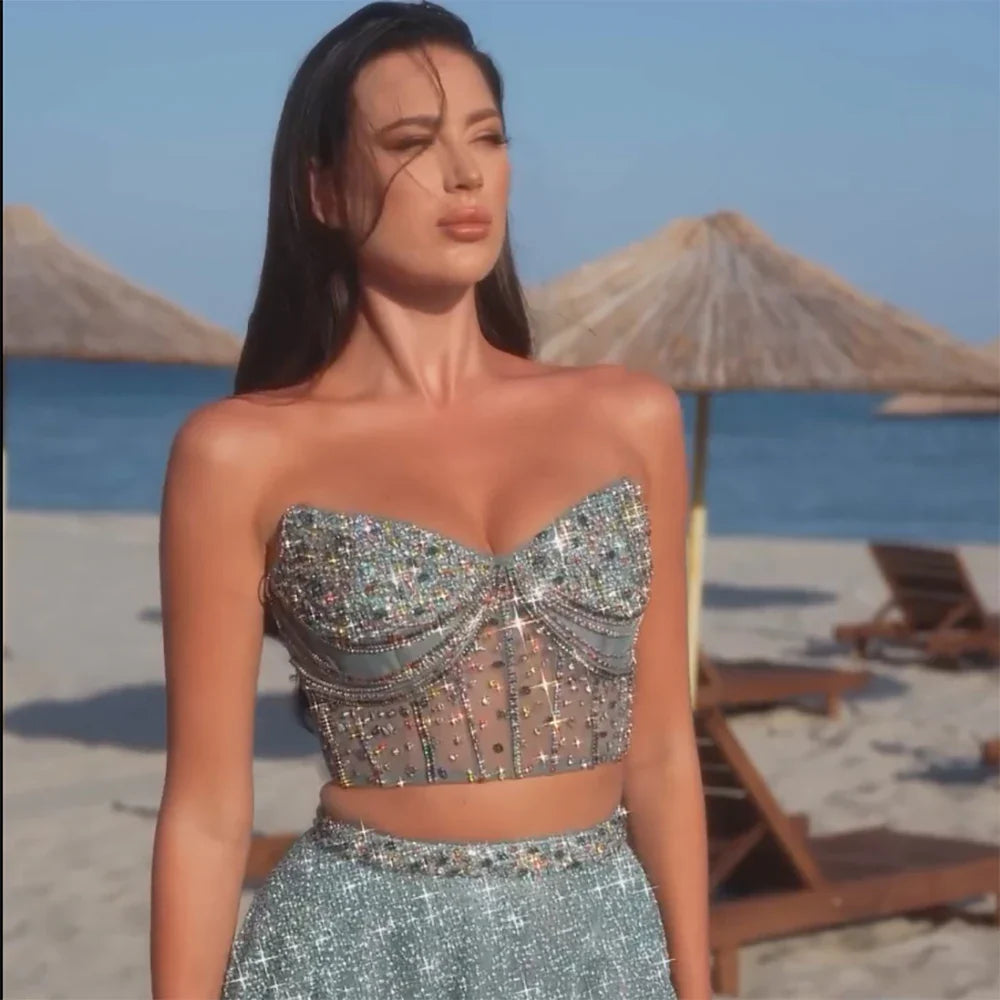 Luxury Dubai Customize Saudi Turquoise Two-Piece Evening Dress with High Split for Formal Occasion LA72786 - SERENE HILL