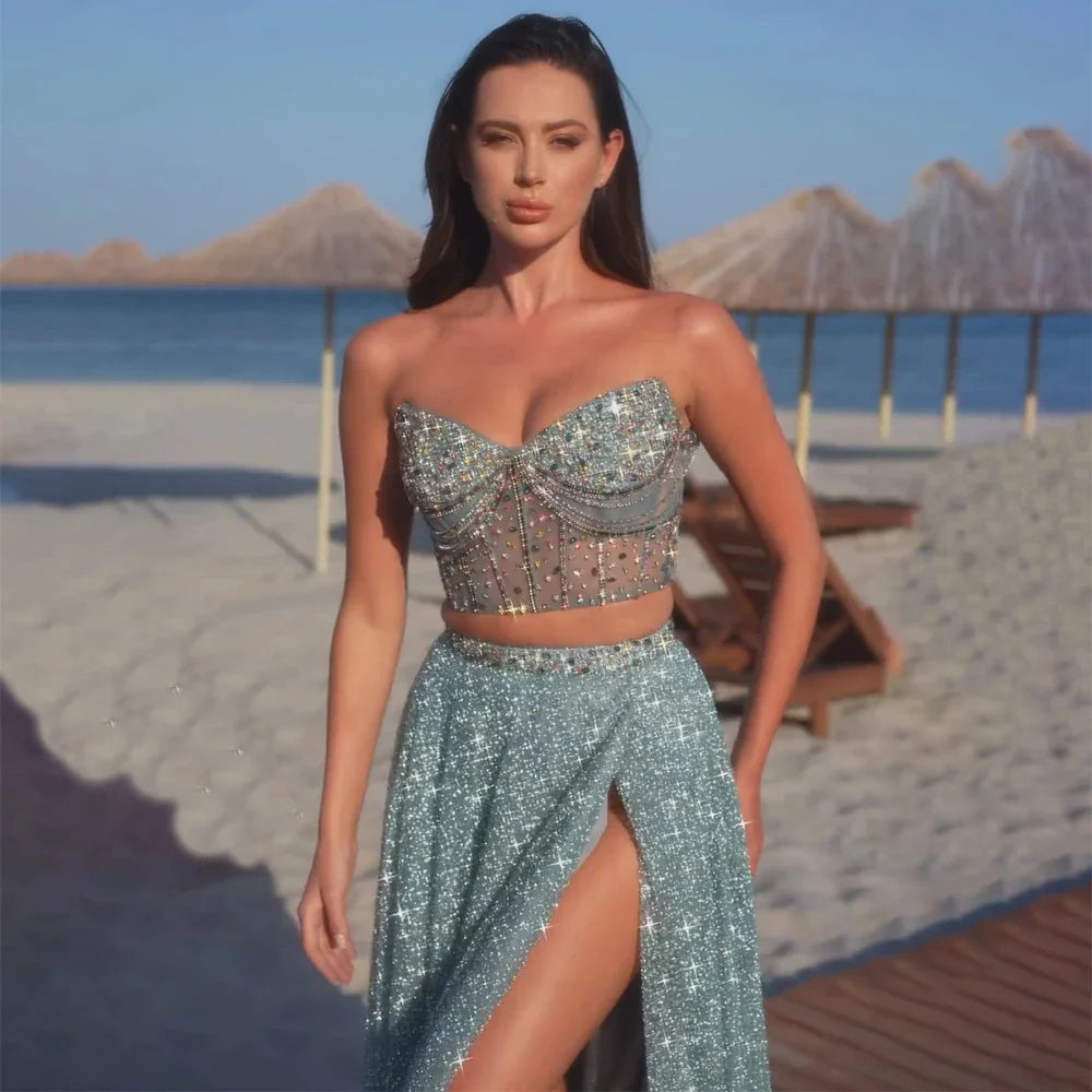 Luxury Dubai Customize Saudi Turquoise Two-Piece Evening Dress with High Split for Formal Occasion LA72786 - SERENE HILL